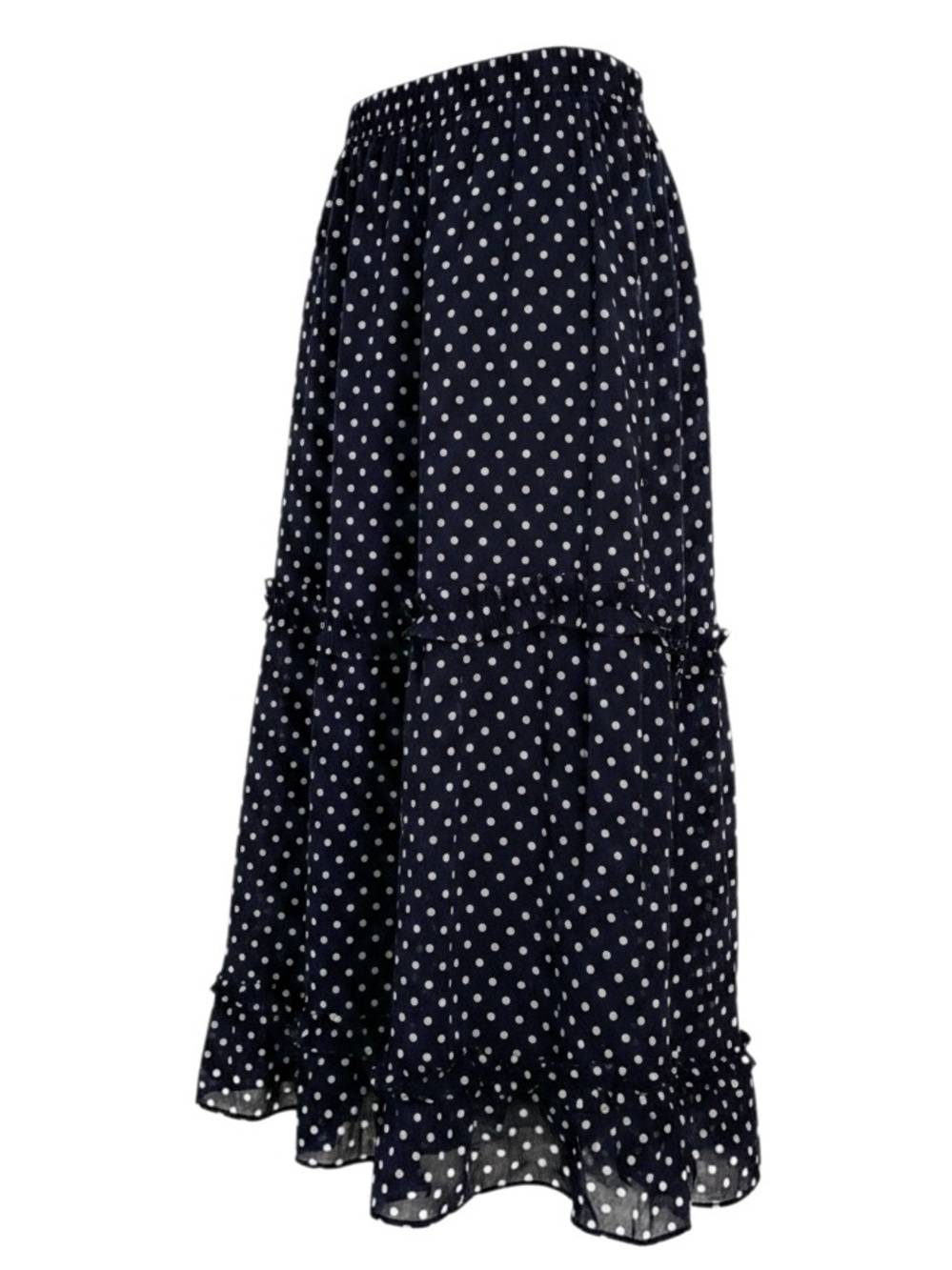 1.STATE Navy Blue White Polka Dot Tiered Ruffle Midi Skirt Chiffon